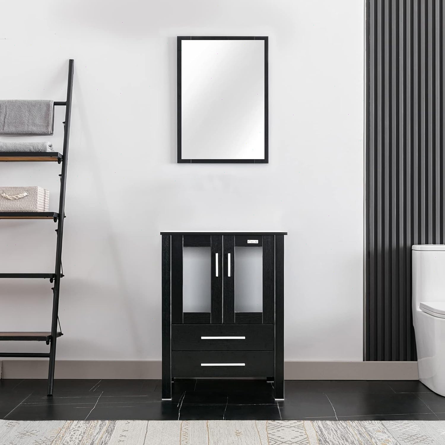 60″ Bathroom Black Vanity W/Small Double Cabinet Drawer Mirror Combo Modern Home