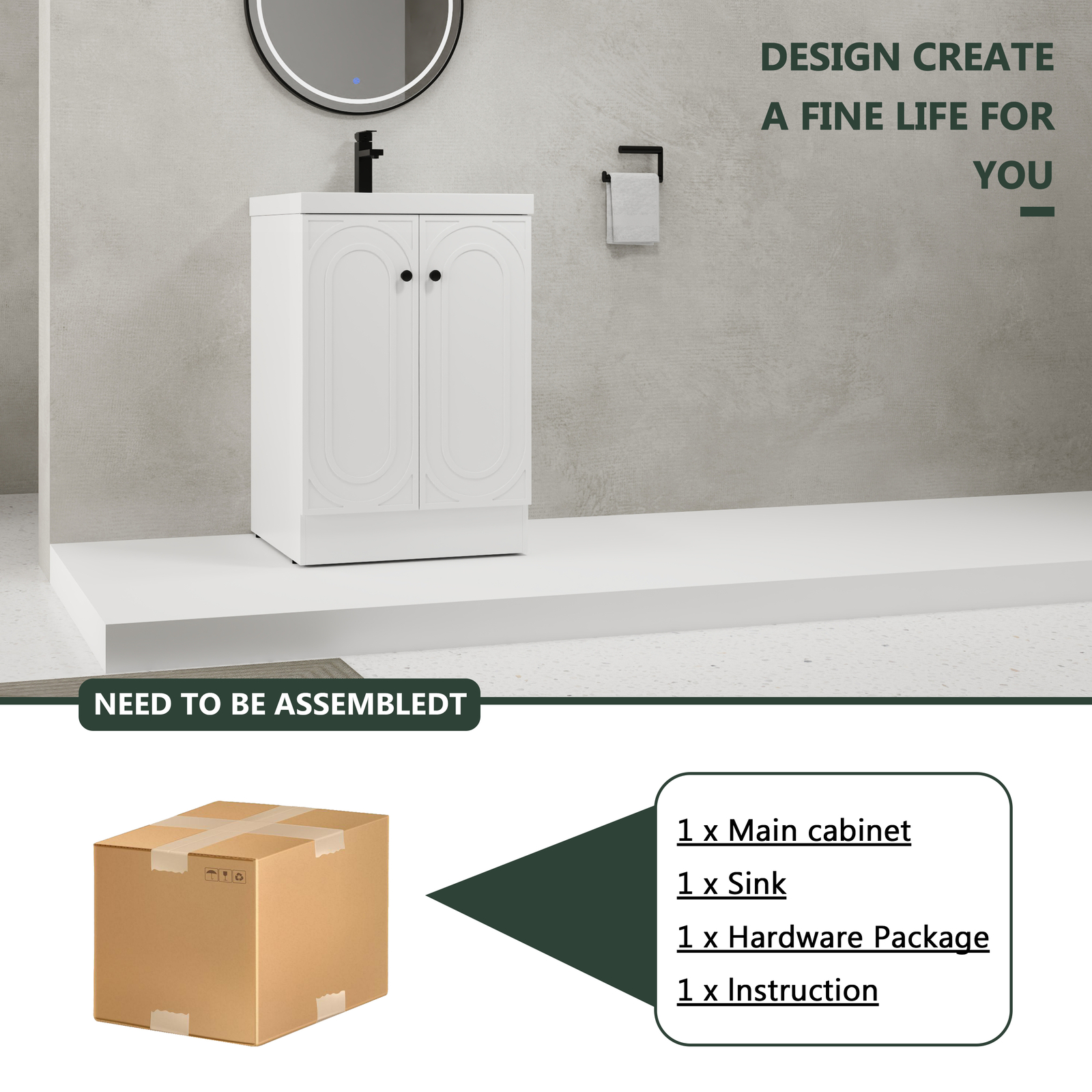 24″ Modern Freestanding Bathroom Vanity Cabinet With Undermount Resin Sink Basin