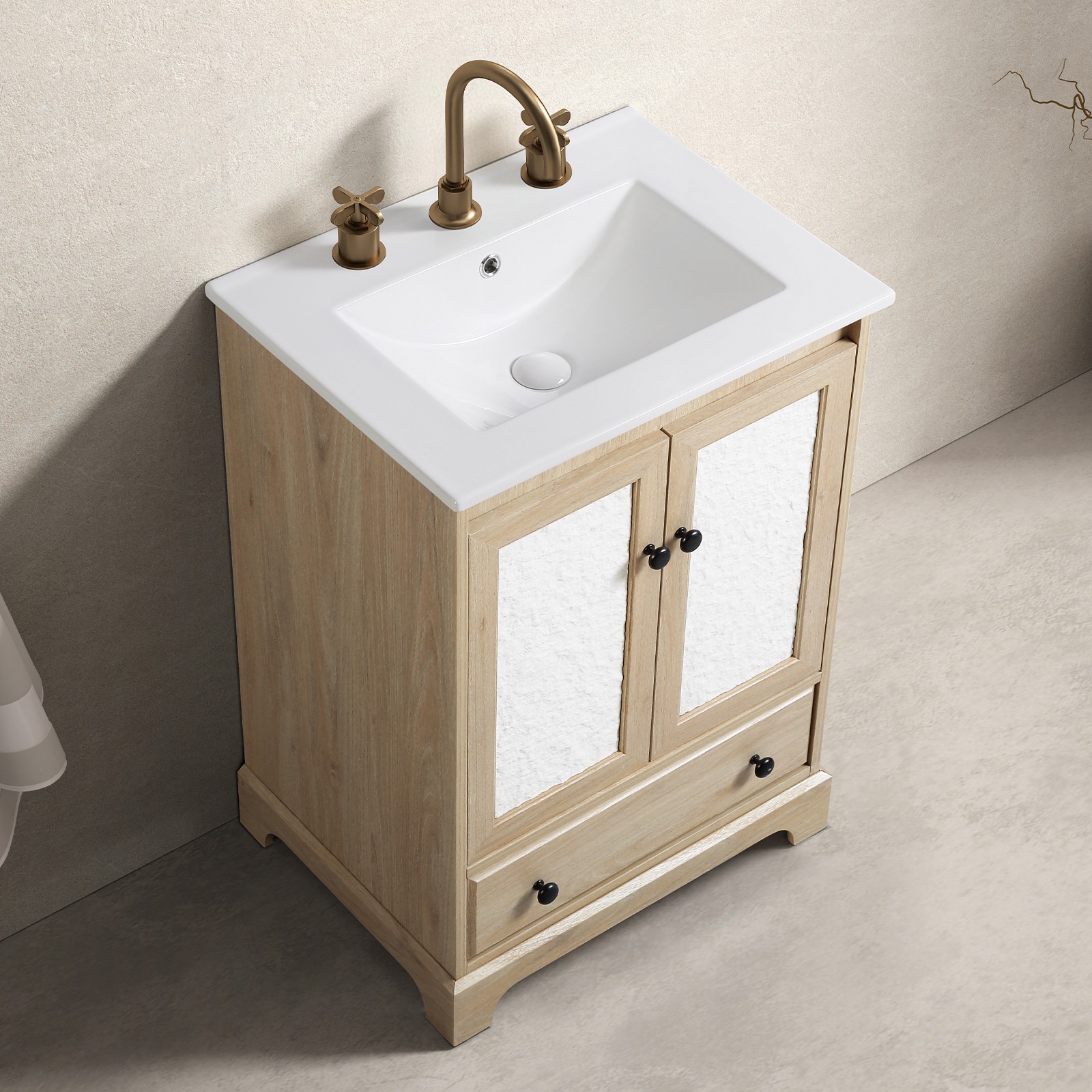Brown Modern Bath Vanity w/ Porcelain Sink, Soft Close Drawer, Free Standing