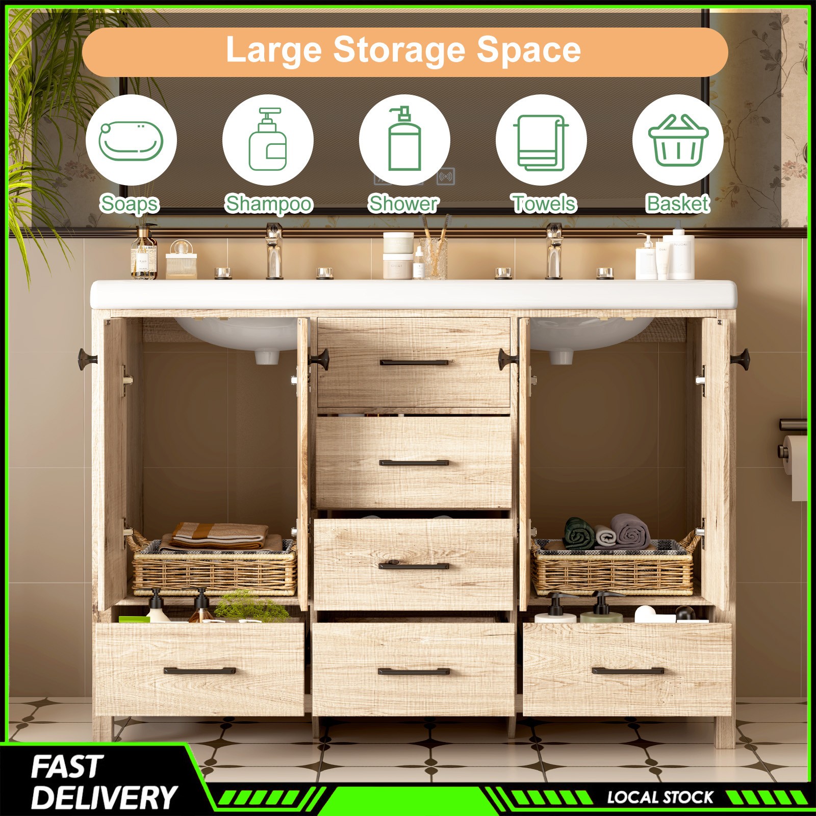 Bathroom Vanity 47 Inch Double Ceramic Sinks Combo Storage Doors and Drawers