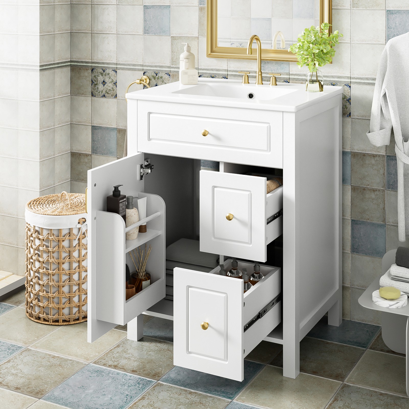24Inch Bathroom Vanity Modern Bathroom Storage Cabinet with Ceramic Sink White