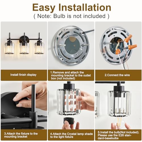 3 Light Black Crystal Vanity Light, Modern Bathroom Vanity Light Over Mirror, Up