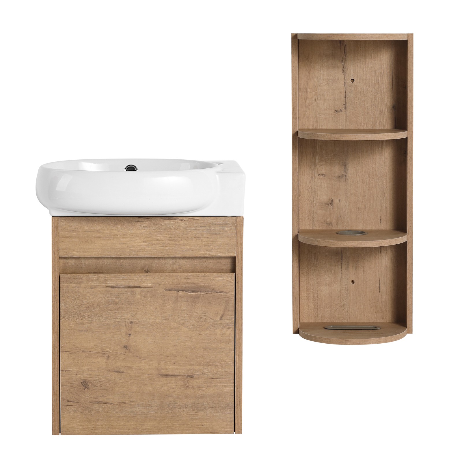 16Inch Wall Mounted Bathroom Vanity With Ceramic Sink Basin W/ Storage Rack Oak