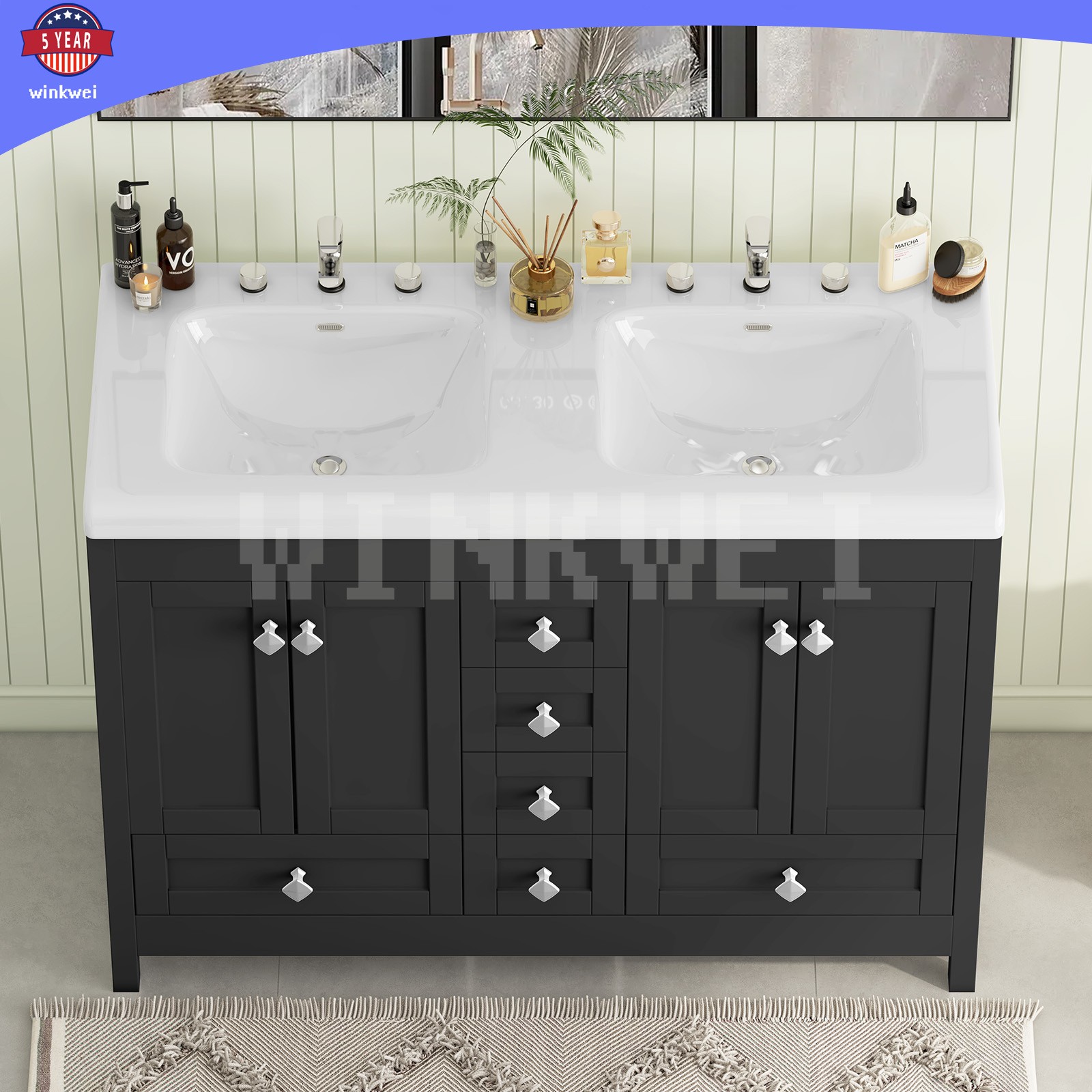 47.3″ Bathroom Vanity Cabinet w/ Double Ceramic Sinks ,2 Doors, 6 Drawers Black