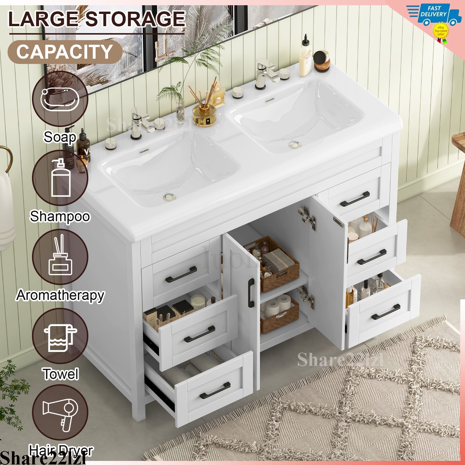 47″ Bathroom Vanity w/Double Ceramic Sink, Freestanding Vanity Cabinet Storage
