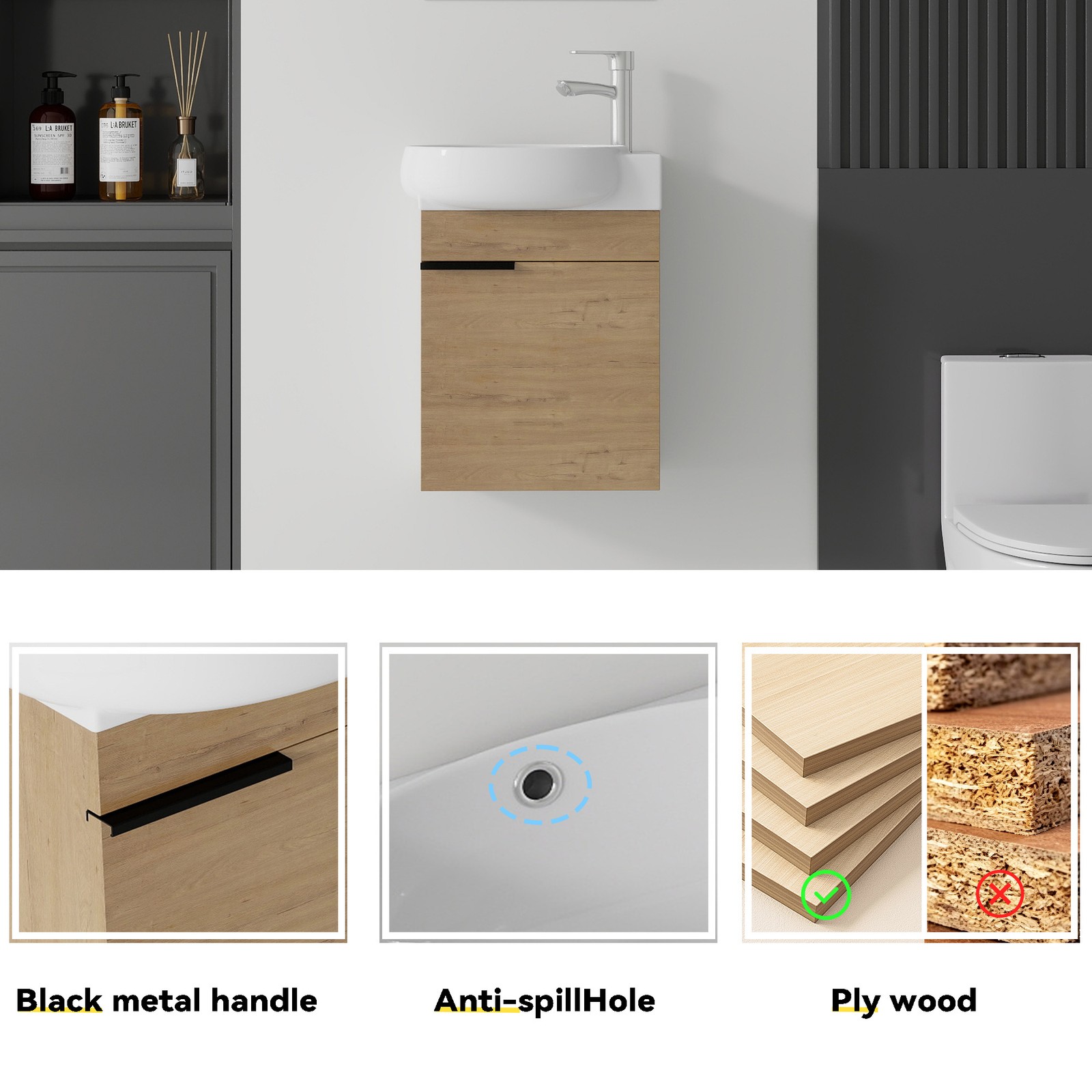 16″ Floating Bathroom Vanity Combo Wall Mounted Plywood Cabinet Oak