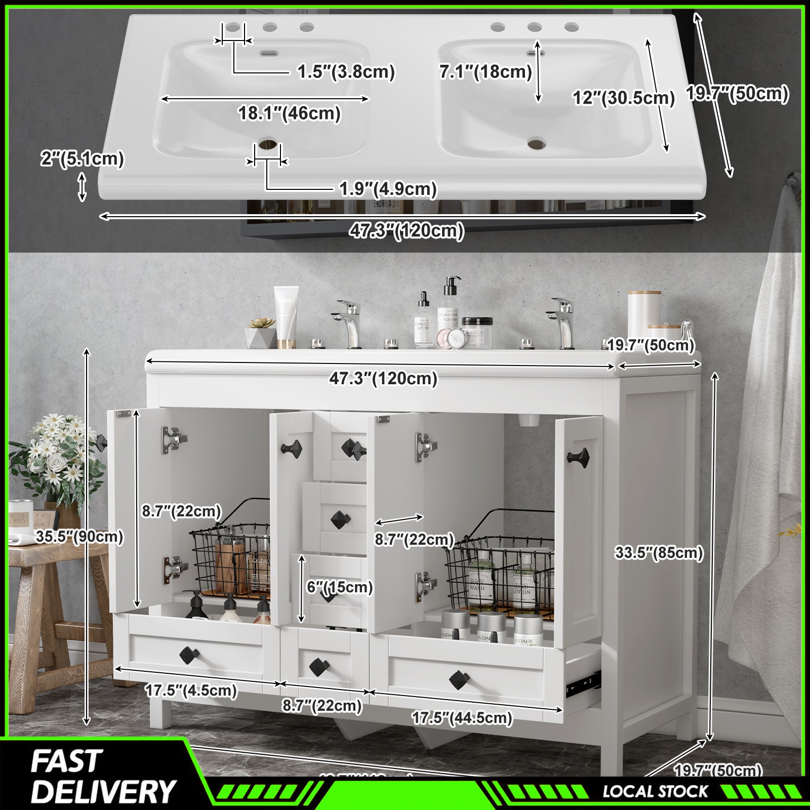 47″ White Bathroom Vanity Double Ceramic Sinks Freestanding Cabinet w/ 5 Drawers