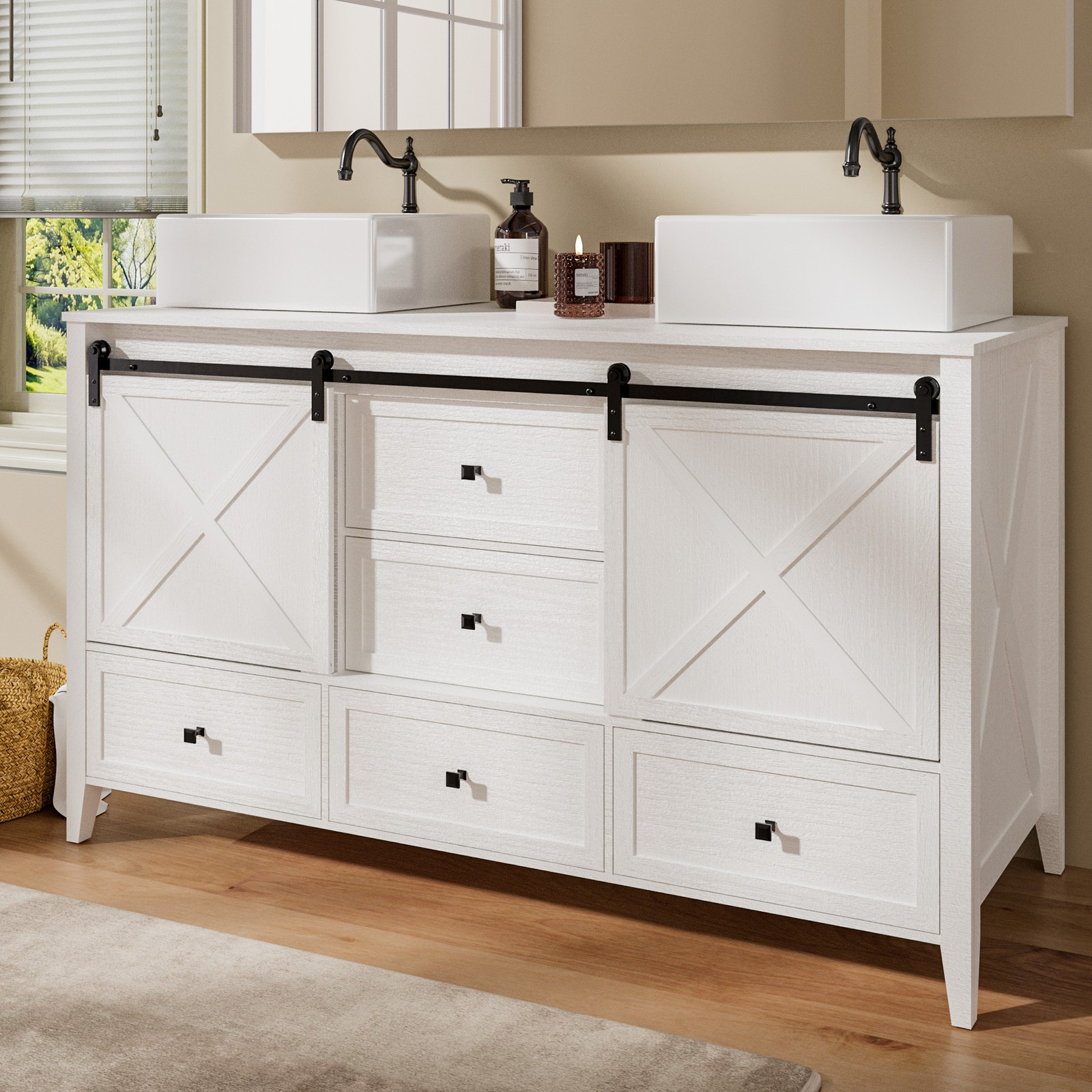 60″ Bathroom Vanity Set Double Sink Ceramic Freestanding Cabinet Wood Grain