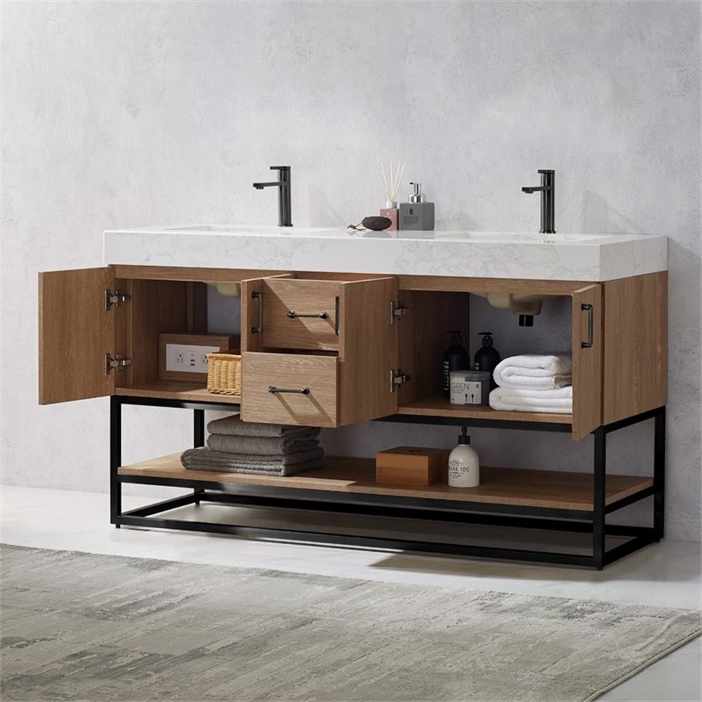 Pemberly Row 60″ White Stone Top Oak Double Vanity Black Frame w/o Mirror