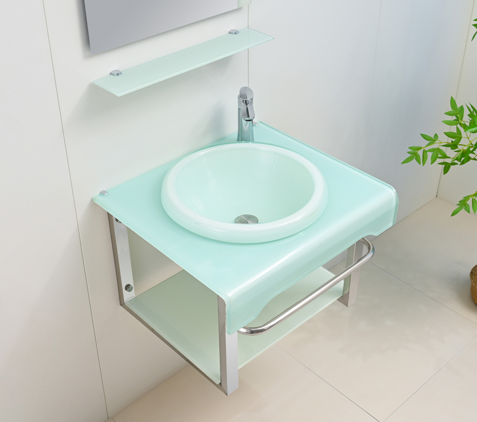 24″ Wide Modern Tempered Glass & Stainless-Steel Set include mirror and shelve