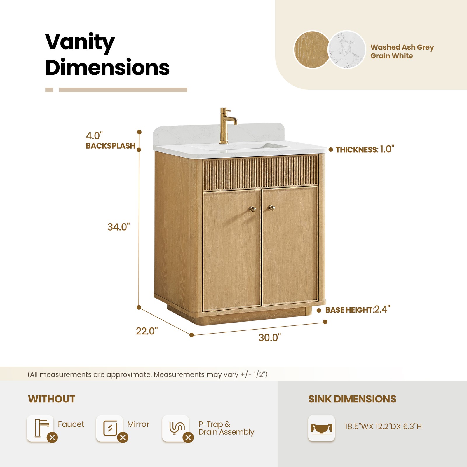 Zogno 30″ Solid Wood Single Bath Vanity in Washed Ash Gray with White Stone Top