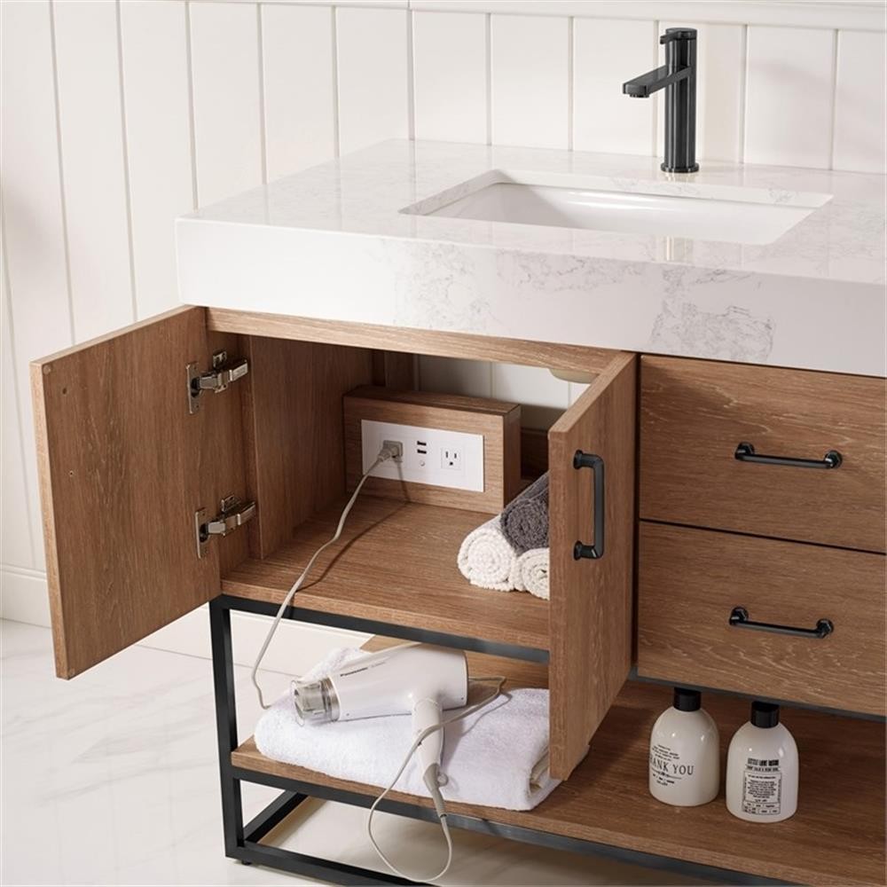 Pemberly Row 36″ White Stone Top Oak Single Vanity Black Frame w/o Mirror