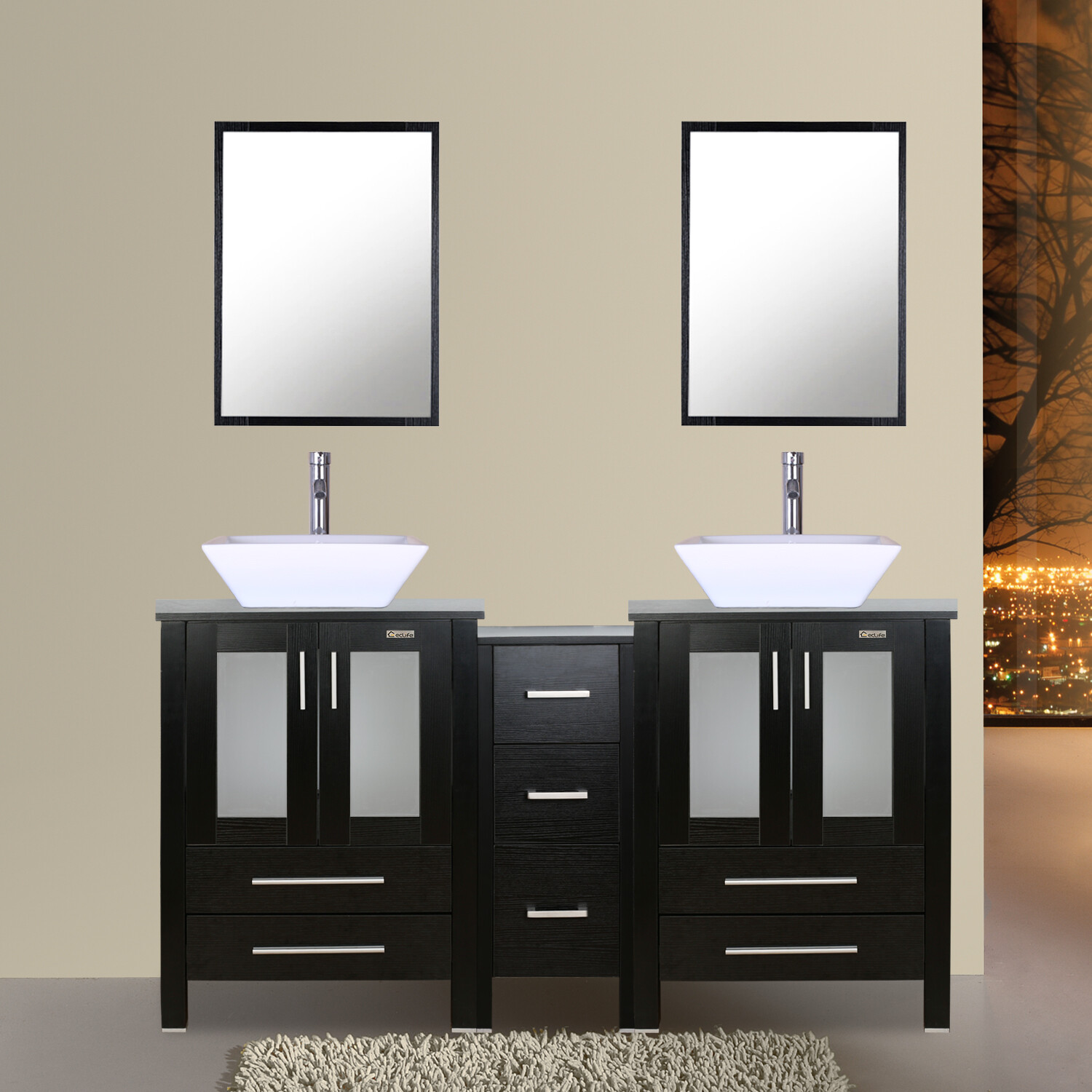 60 inch Black Bathroom Vanity Ceramic Sink Small Side Table Combo No Mirror