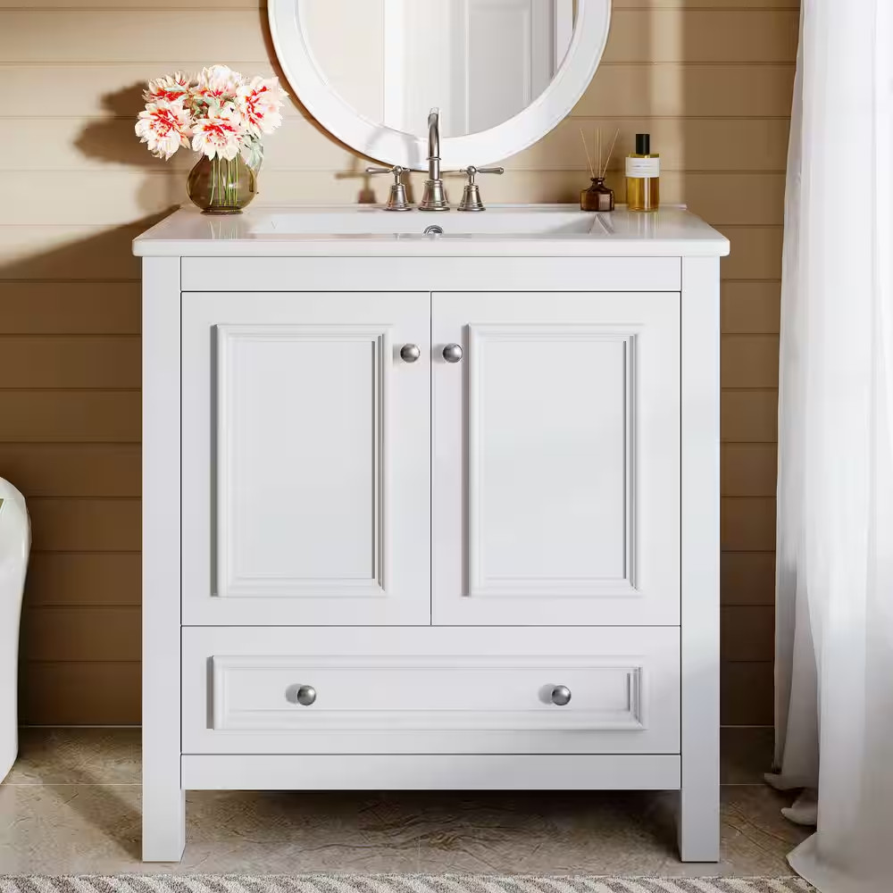 30 In. Single Sink Freestanding White Bath Vanity with White Ceramic Top Unassem
