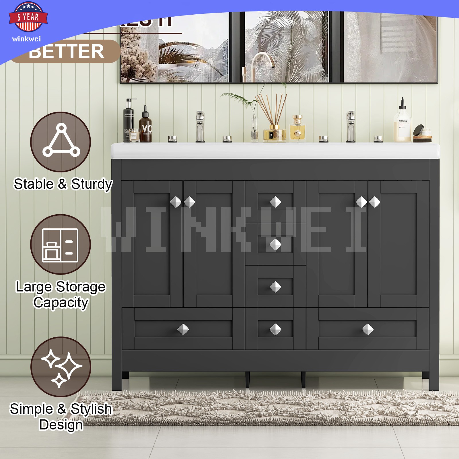 47.3″ Bathroom Vanity Cabinet w/ Double Ceramic Sinks ,2 Doors, 6 Drawers Black