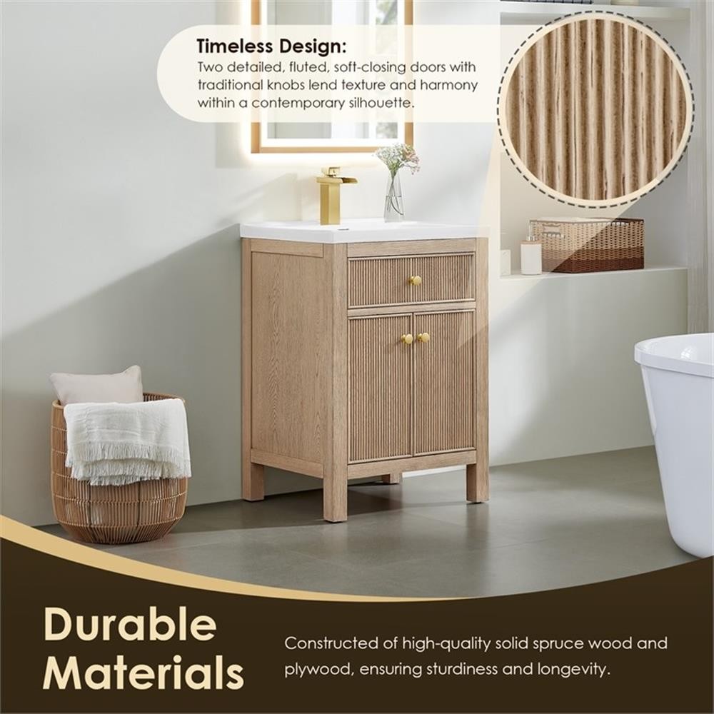 Pemberly Row 24″ Wood Vanity in Natural Oak Ceramic Integrated Sink no Mirror