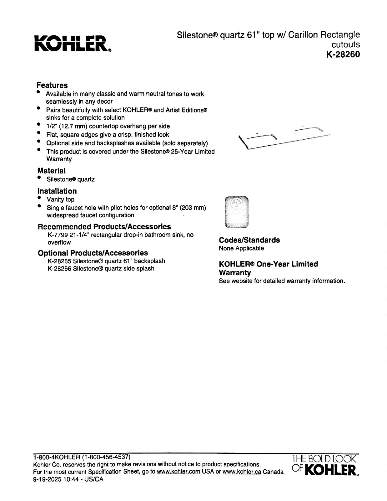 Kohler 28260-MMW – Silestone Quartz 61″ Vanity Top with Two Sink Cutouts