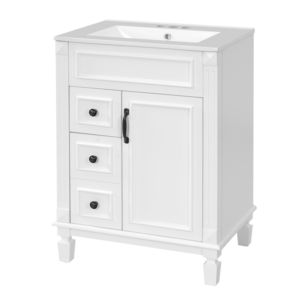 Bathroom vanity W ceramic sink Features two drawers Includes adjustable shelves