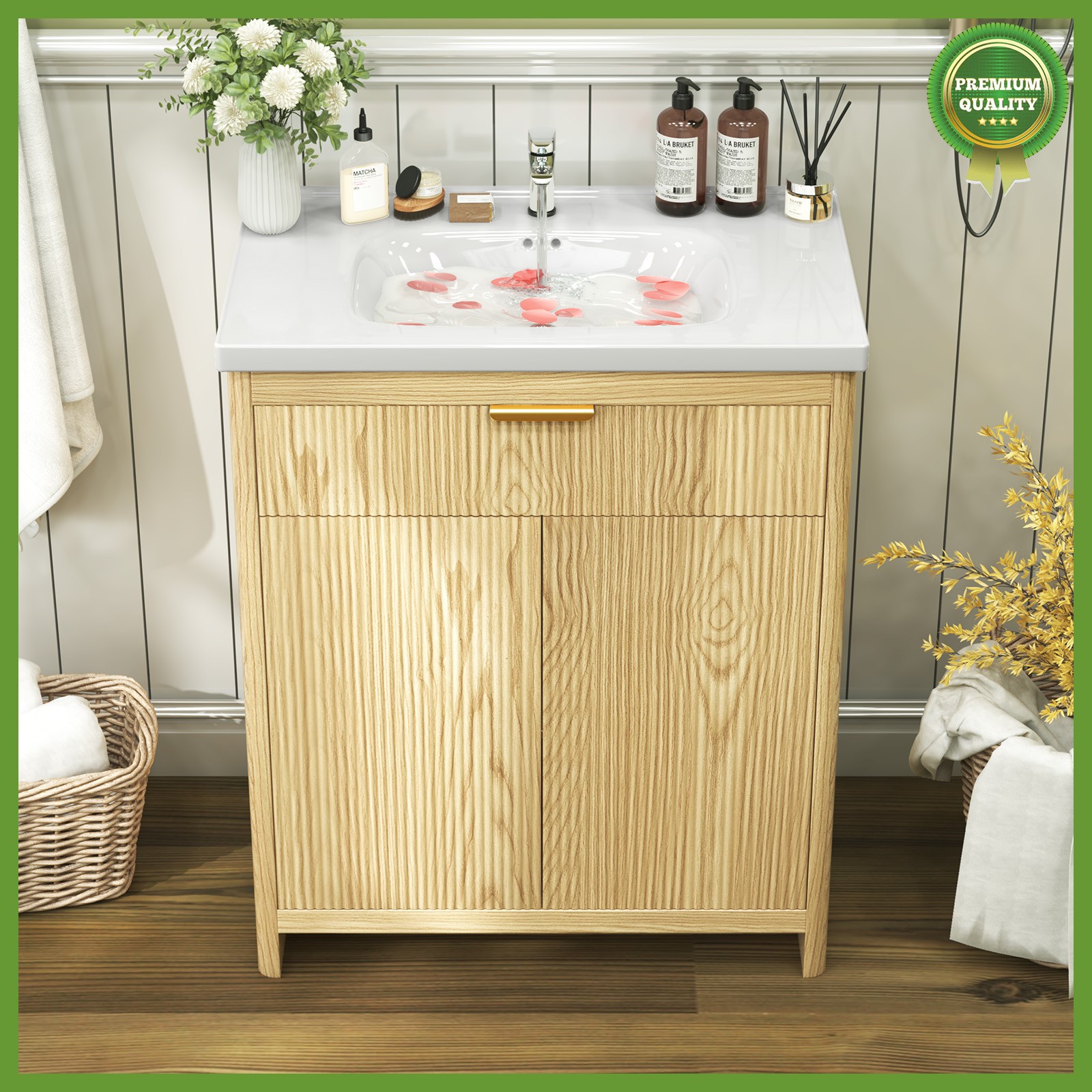 31″ Wooden Freestanding Bathroom Vanity Storage Cabinet & Ceramic Sink Modern