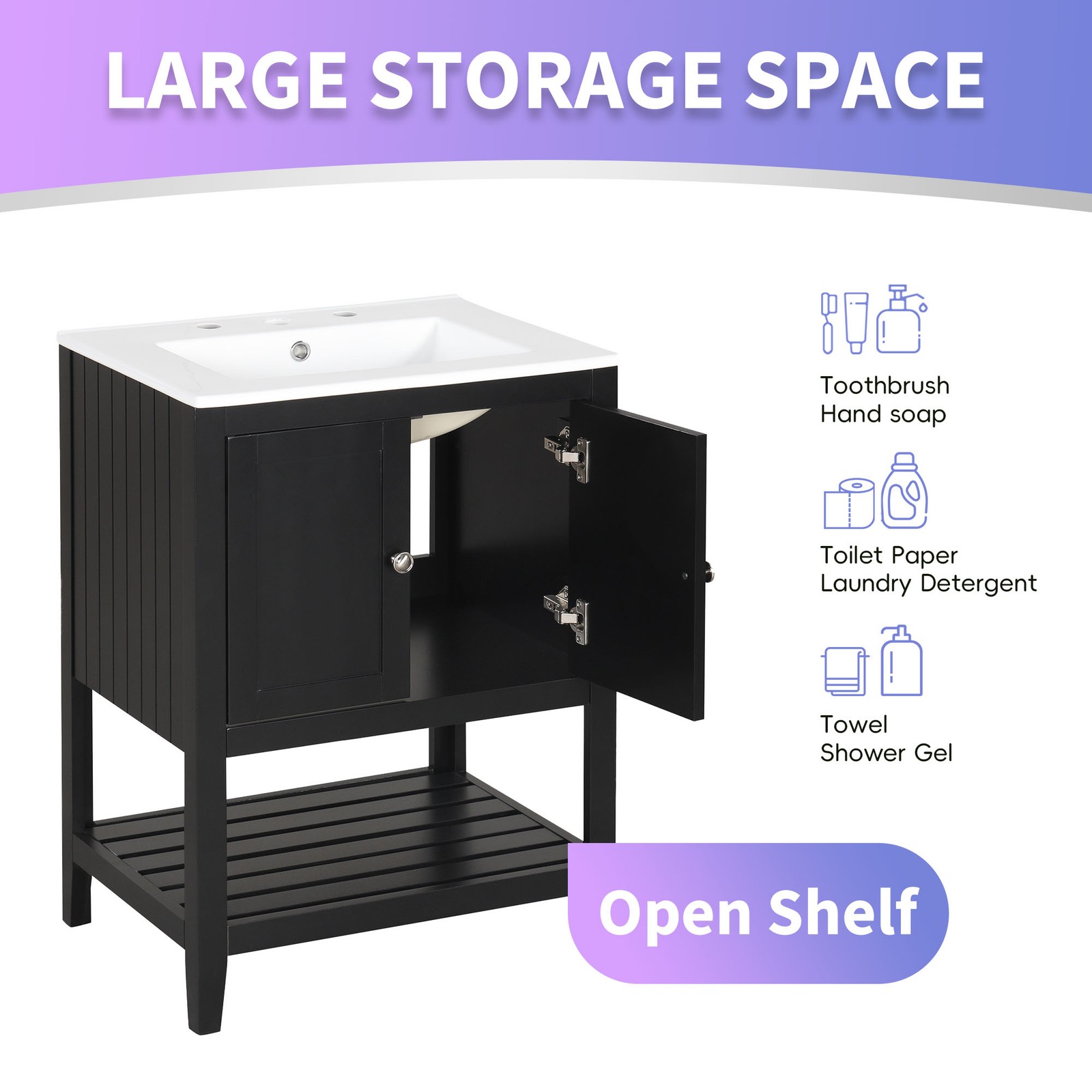 24″ Black Modern Bathroom Vanity with Ceramic Sink & Wood Frame