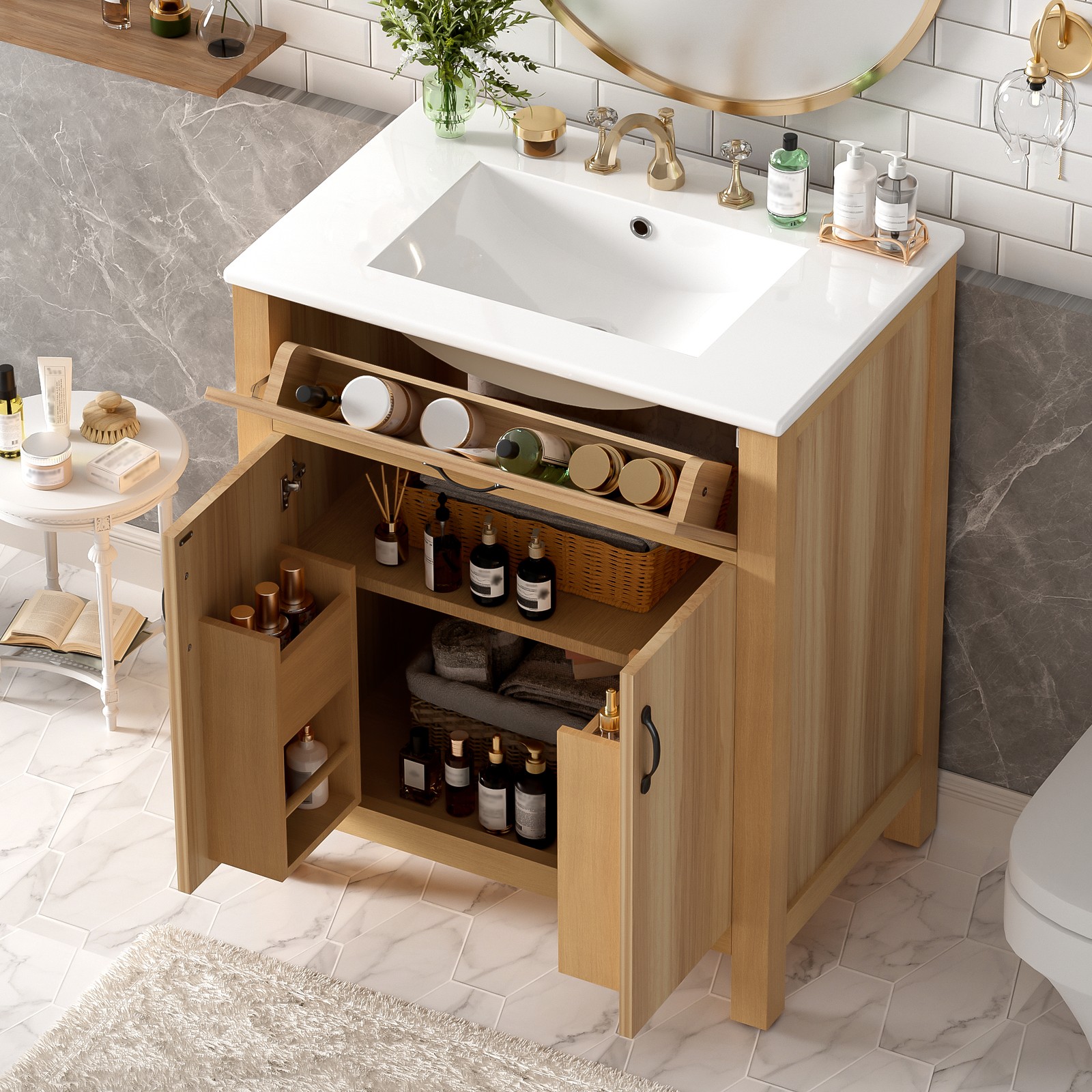30″ Wood Bathroom Vanity with Solid Wood Frame, 2 Soft Close Doors,1 Flip Drawer