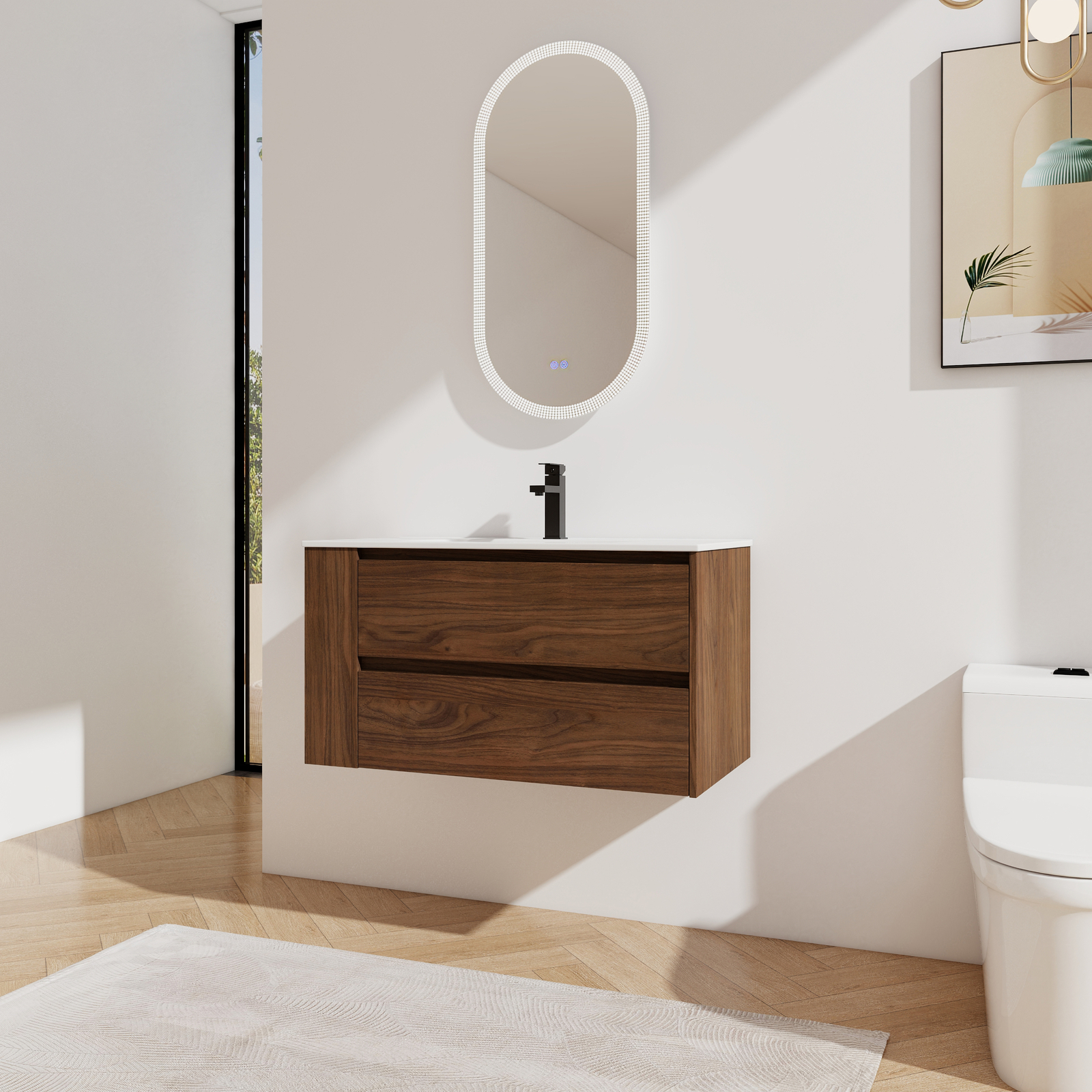 36″ Floating Wall Mounted Bathroom Vanity Cabinet Ceramic Sink Side Shelf Brown
