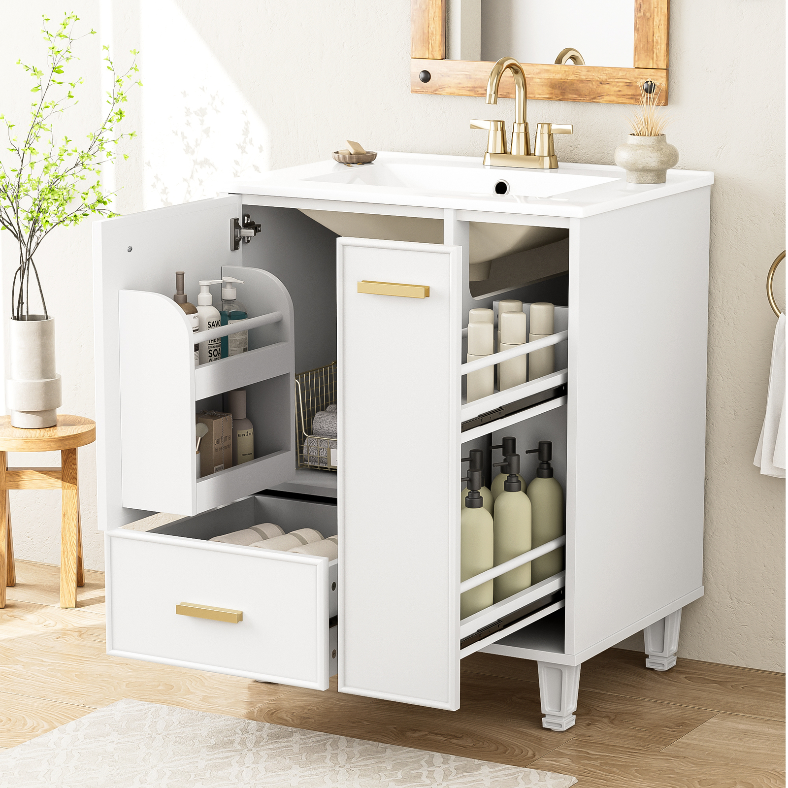 24″ Bathroom Vanity w/Ceramic Sink And Storage Cabinet Drawers Solid Wood Frame