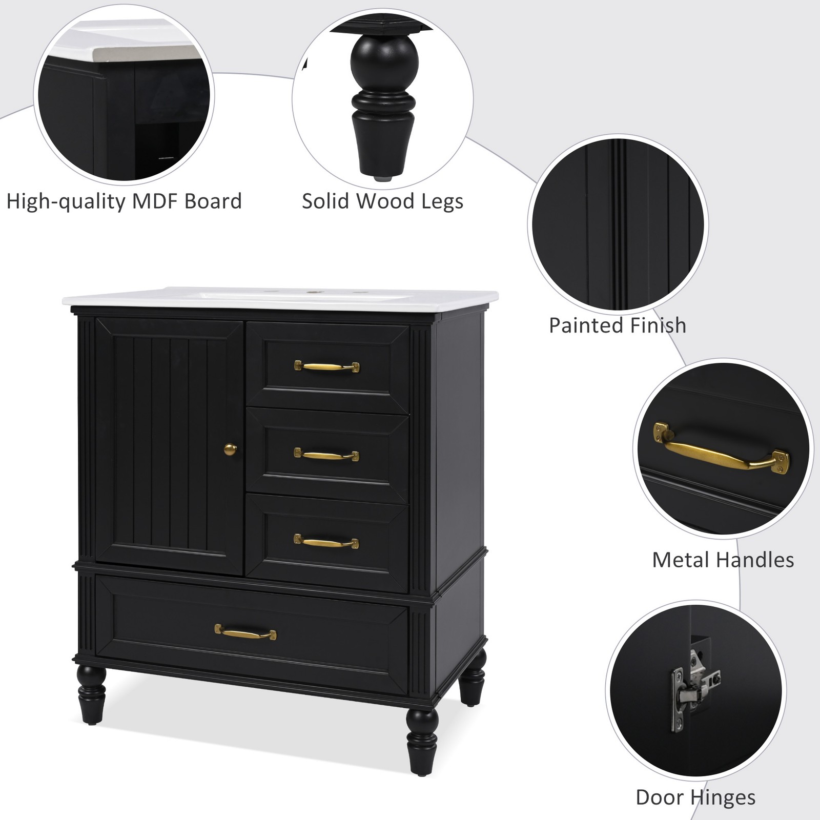 30″ Bathroom Vanity with Sink, Bathroom Cabinet with A Door, Three Drawers Black