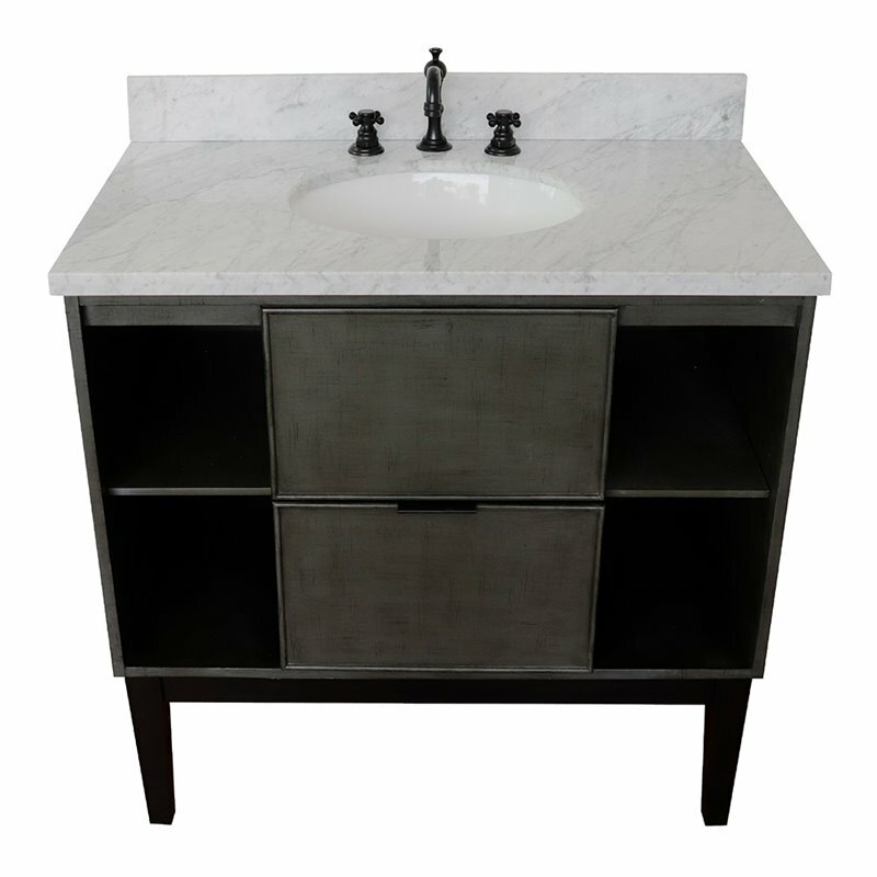 Scandi Solid Wood Oval Sink Vanity with White Carrara Top in Linen Gray