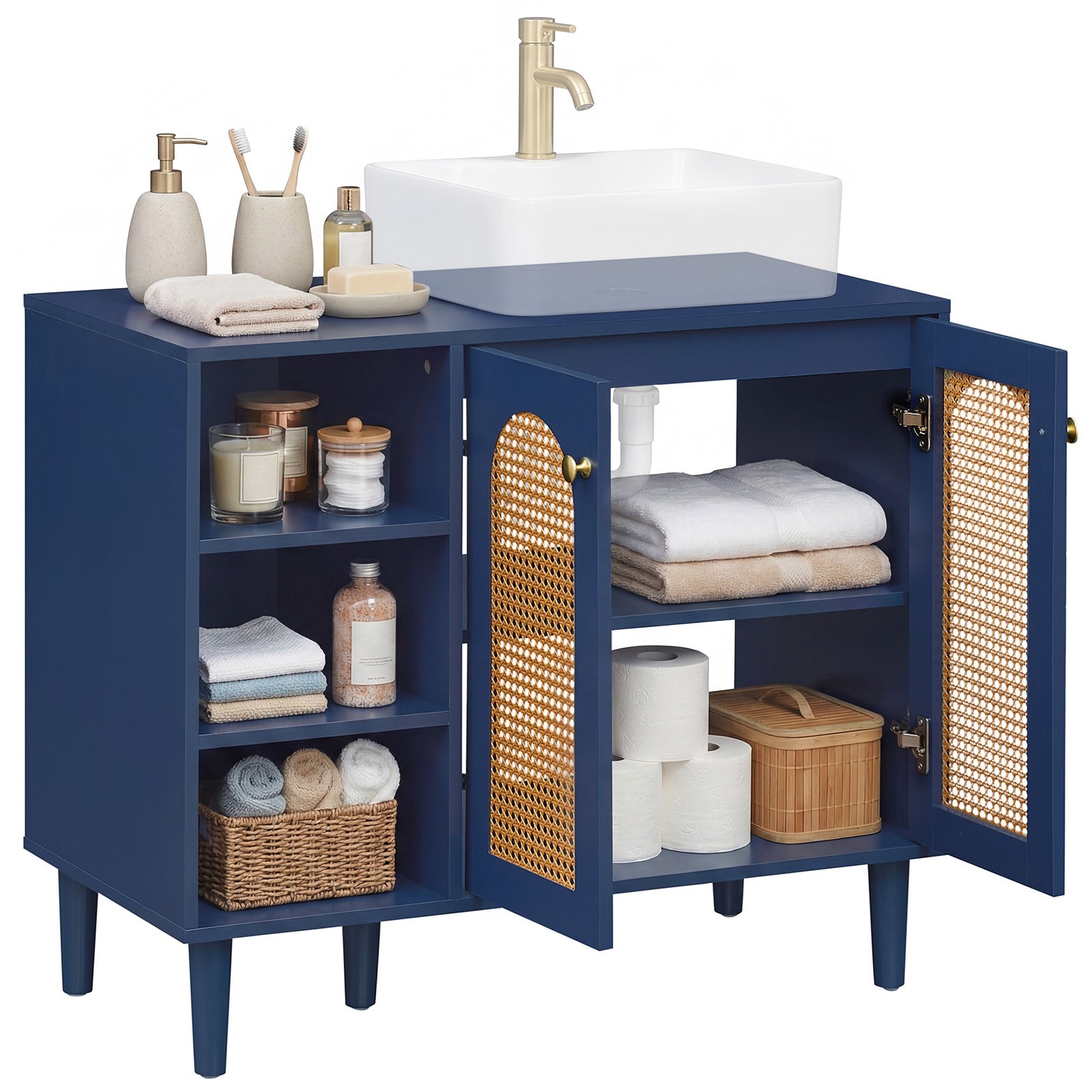 36” Under Sink Cabinet, Boho Sink Base Cabinet w/Rattan Doors, Rubber Wood Legs