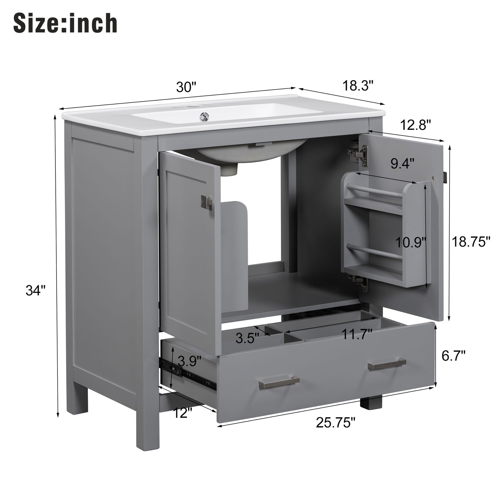 30″ Bathroom Vanity w/White Resin Basin Sink Top with 2 Doors and Big Drawer