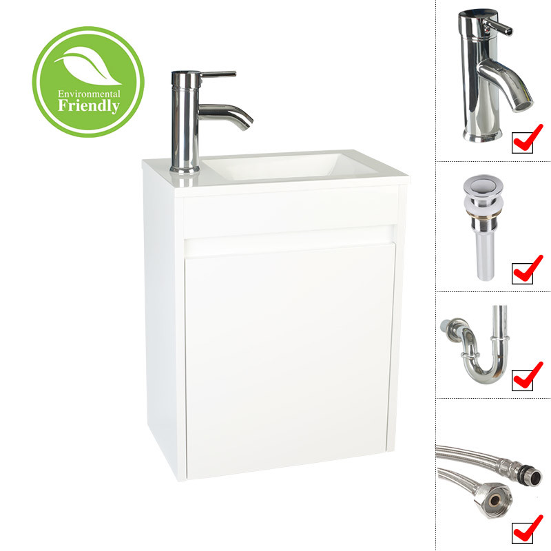 16″ Small Bathroom Paint Vanity Set Wall Mount Gray/White W/Sink Faucet Drain