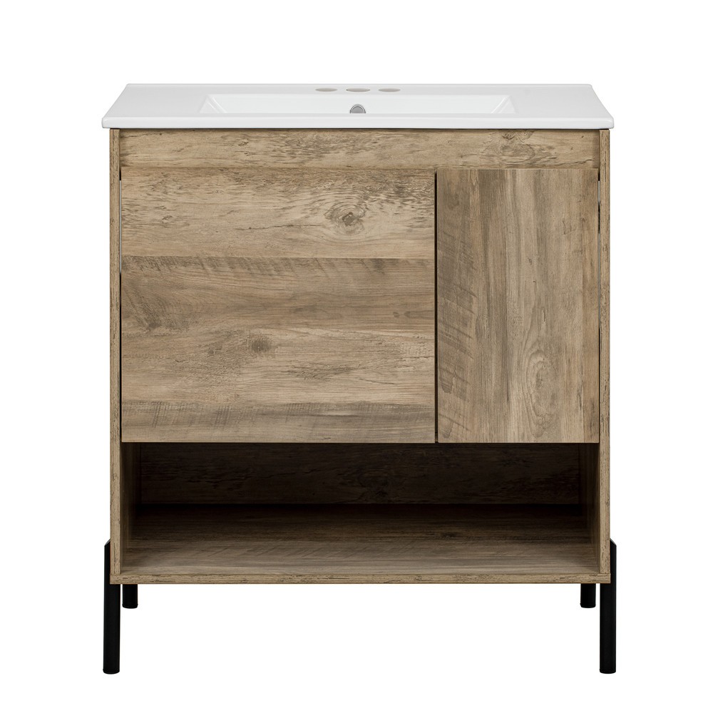 30″ Bathroom Vanity w/Ceramic Sink,Freestanding Vanity Cabinet,Open Shelf,Drawer