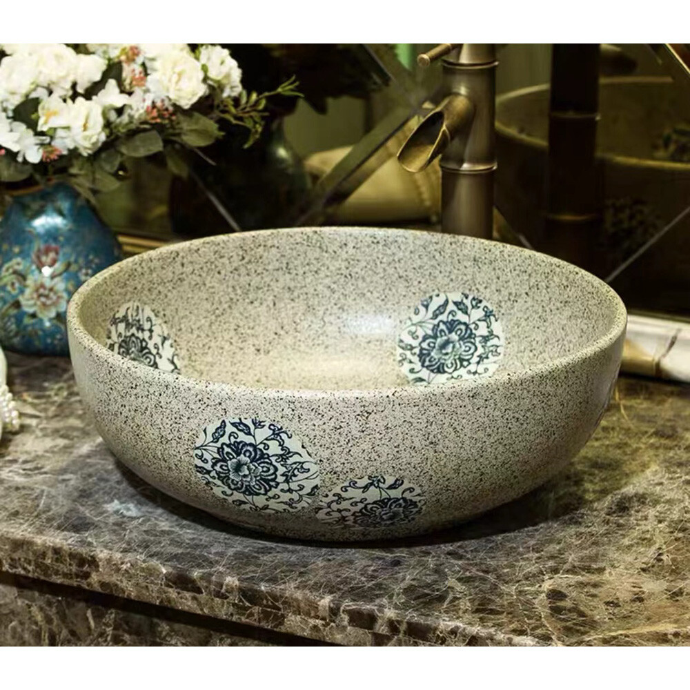 US Seller – 16in Blue and White Ball Motif Green Oriental Porcelain Basin