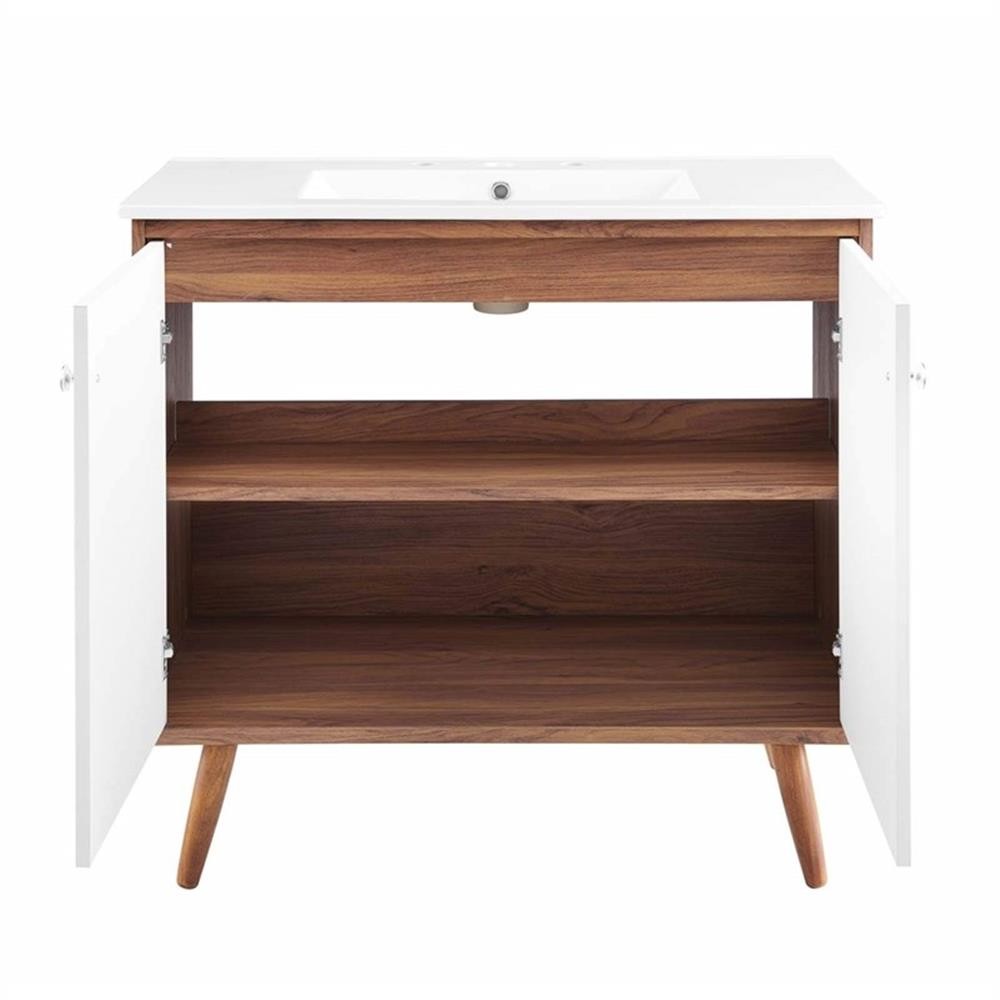 Pemberly Row 36″ Modern Wood and Ceramic Bathroom Vanity in Walnut/White