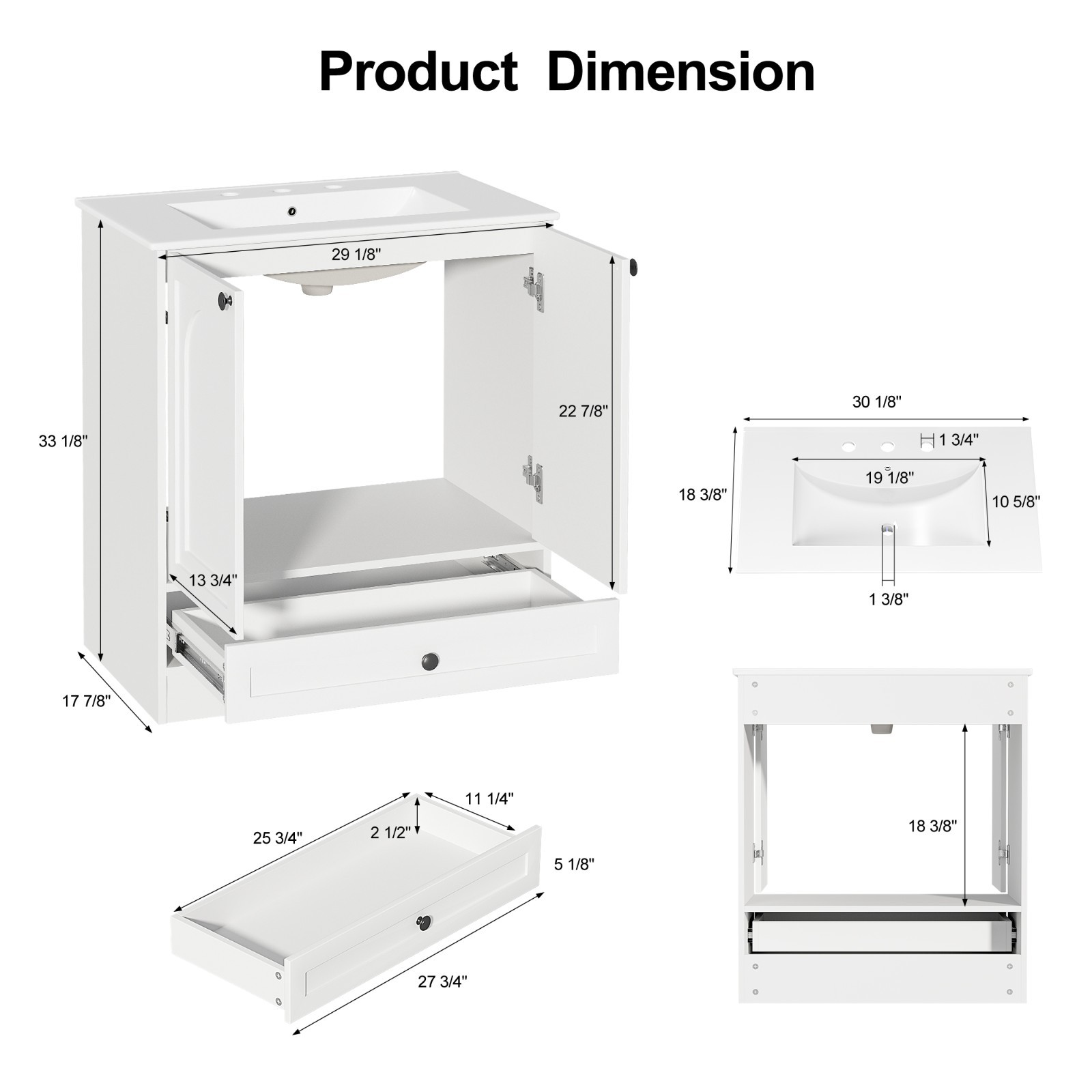 30″ Bathroom Vanity with Sink, Freestanding Bath Vanity Cabinet 2 Doors, Drawer