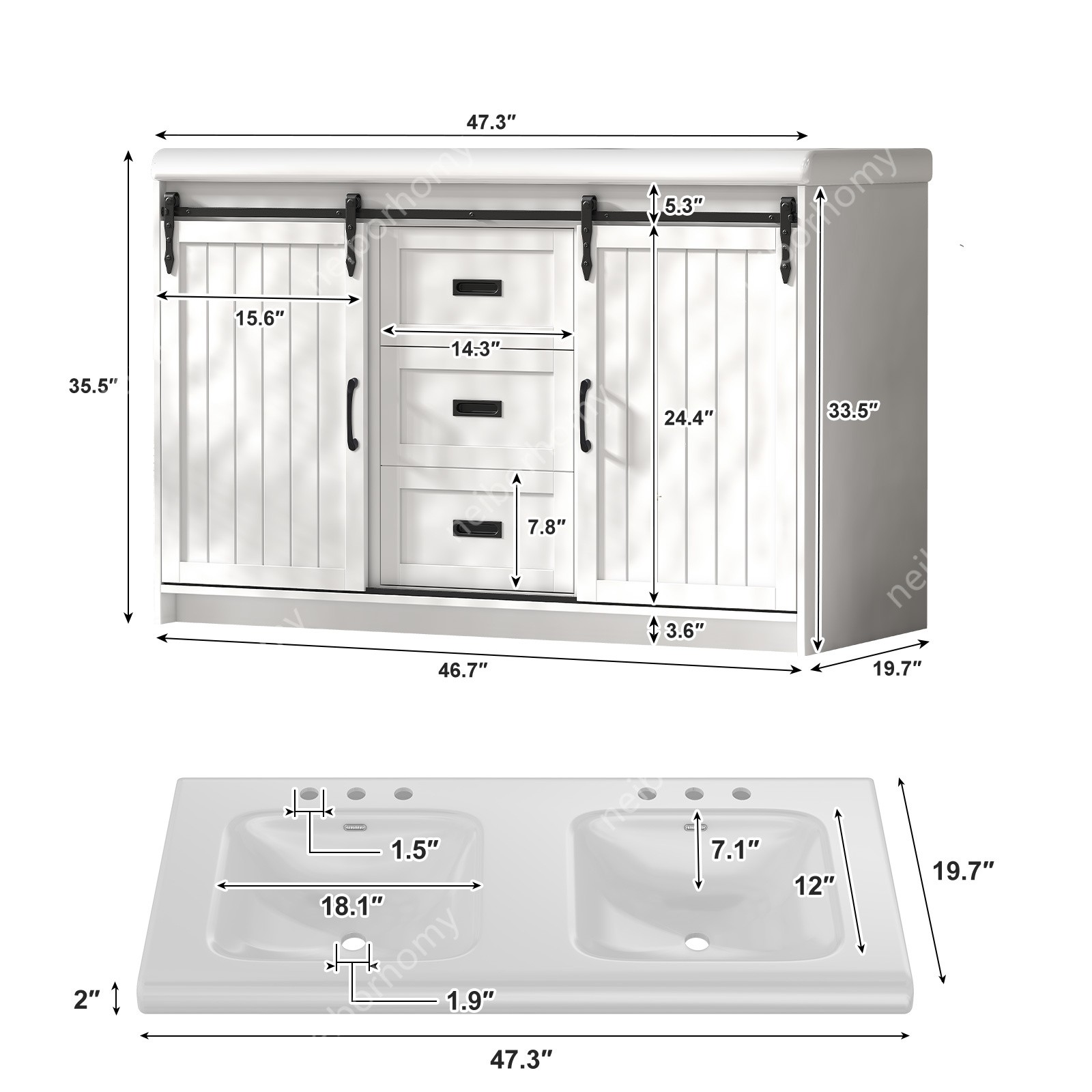 47″ Bathroom Vanity Cabinet Freestanding Storage Compartment And 2 Ceramic Sink