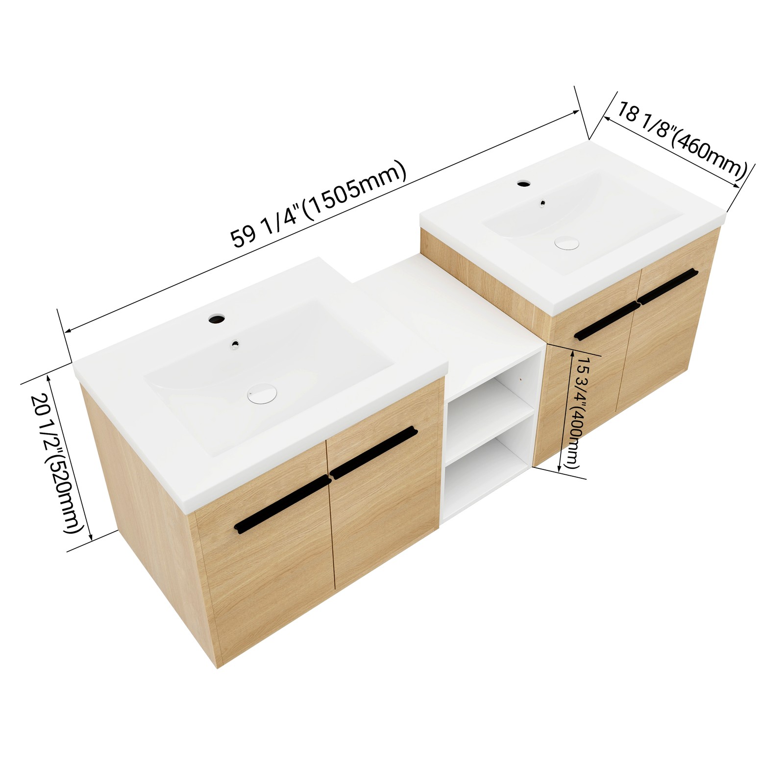 60 Inch Wall Mounted Bathroom Vanity with Resin Sink, 4 Doors & Shelves