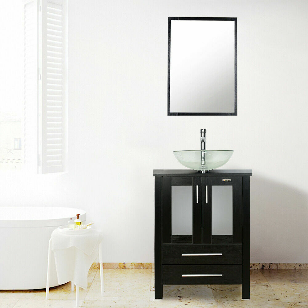 48″ Black Bathroom Vanity Set Cabinet Vessel Glass Ceramic Sink Faucet No Mirror