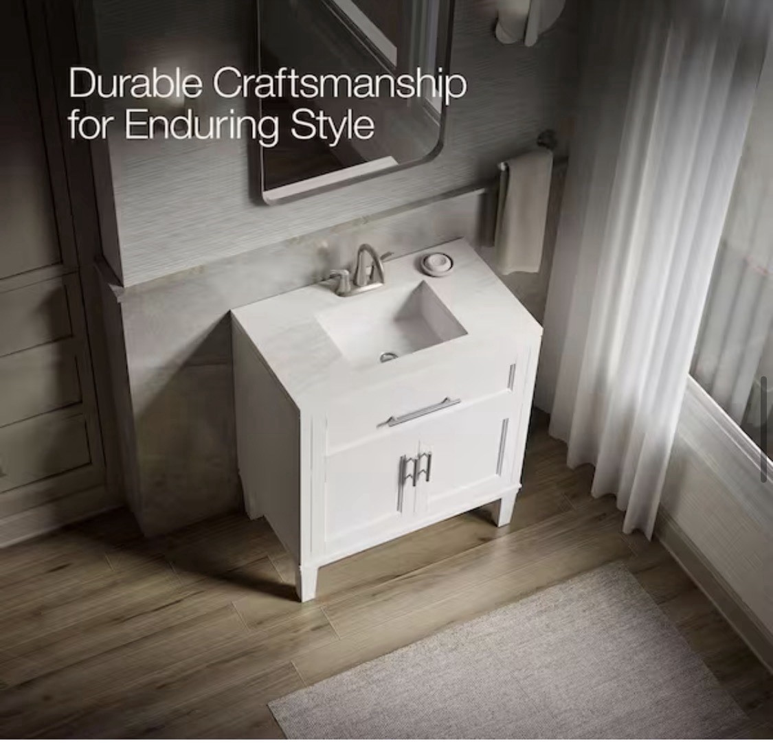 KOHLER Chesil 30″ White Wood Vanity w/ Sink Quartz Top Soft-Close Doors/Drawer