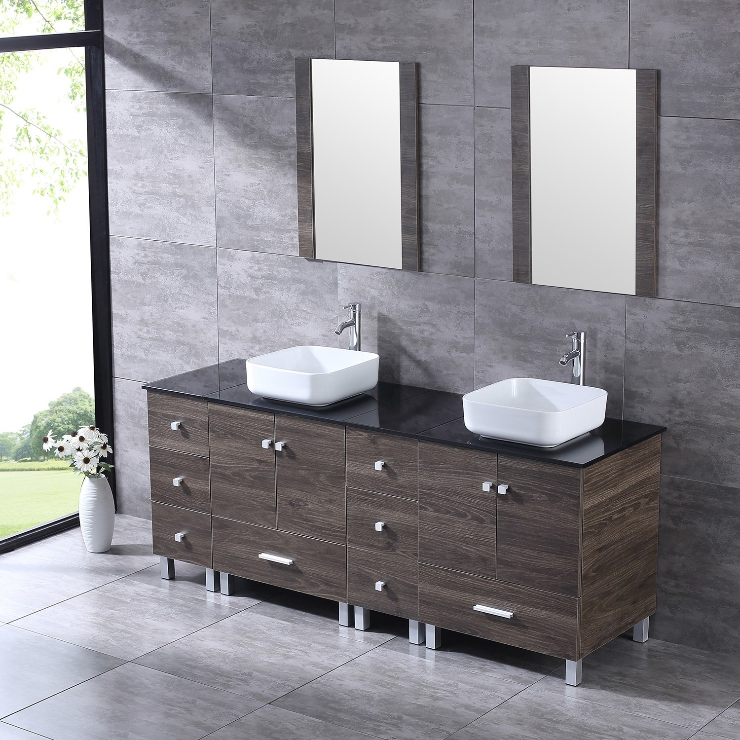 72 inch Double Sink Bathroom Vanity Cabinet Ceramic Vessel Sink w/Mirror Faucet