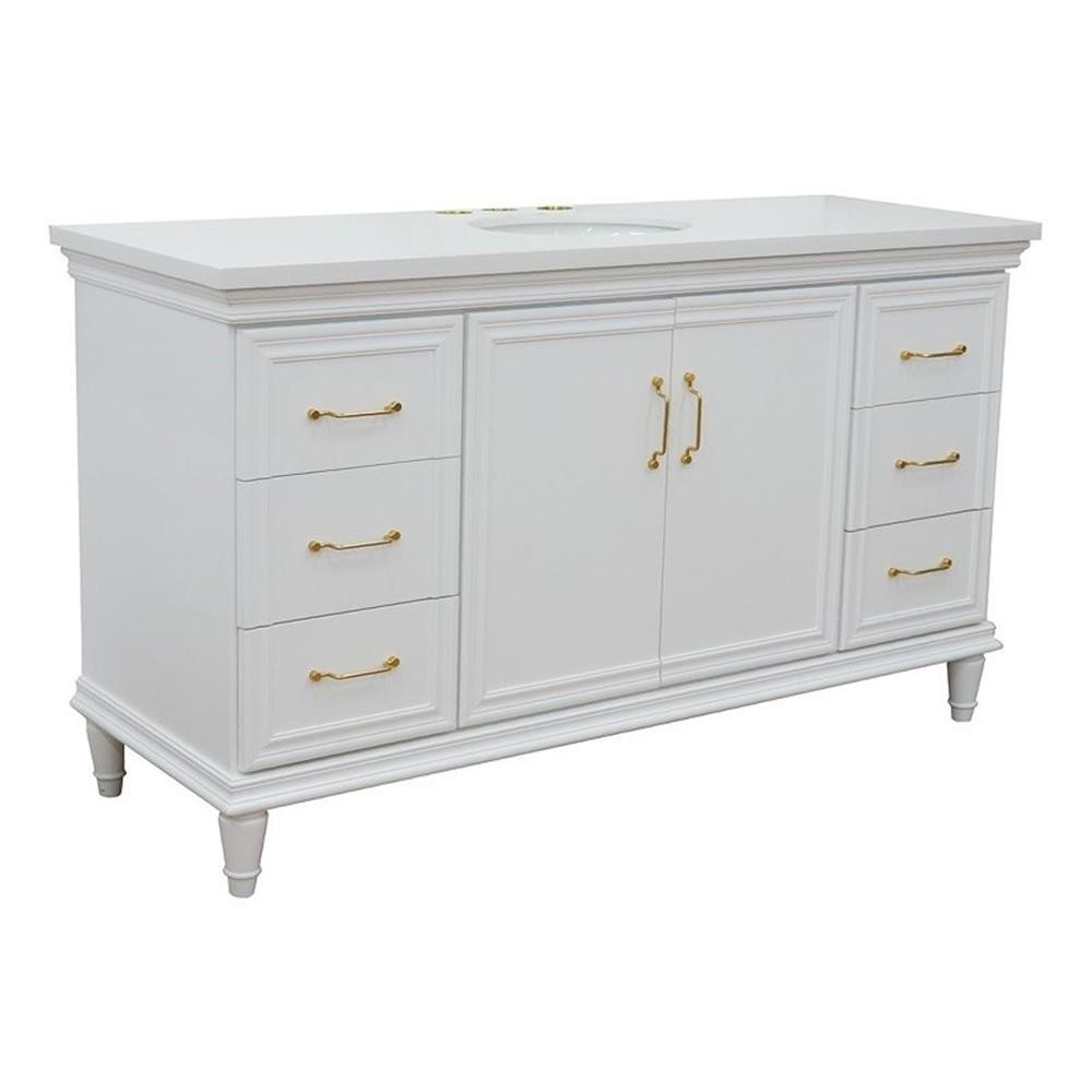 61 in. Single Wooden Vanity White with White Quartz Oval Sink