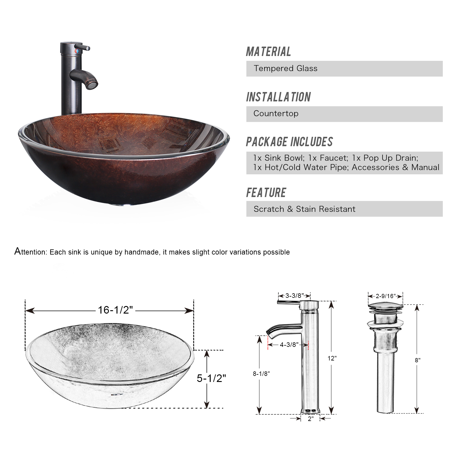 72″ Black Bathroom Vanity Set Side Cabinet Vessel Glass Sink Combo No Mirror