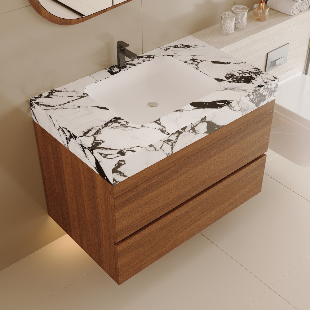 29.9″ Floating Bathroom Vanity with Marble Top & Undermount Sink, Wall-Mounted