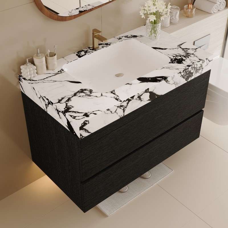 29.9″ Modern Floating Bathroom Vanity with Faux Marble Top and Ceramic Sink
