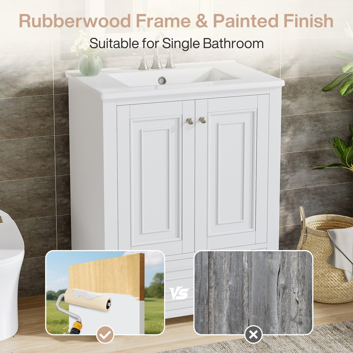 24 inch Bathroom Vanity with Ceramic Sink Combo Cabinet with 2 Doors & 1 Drawer