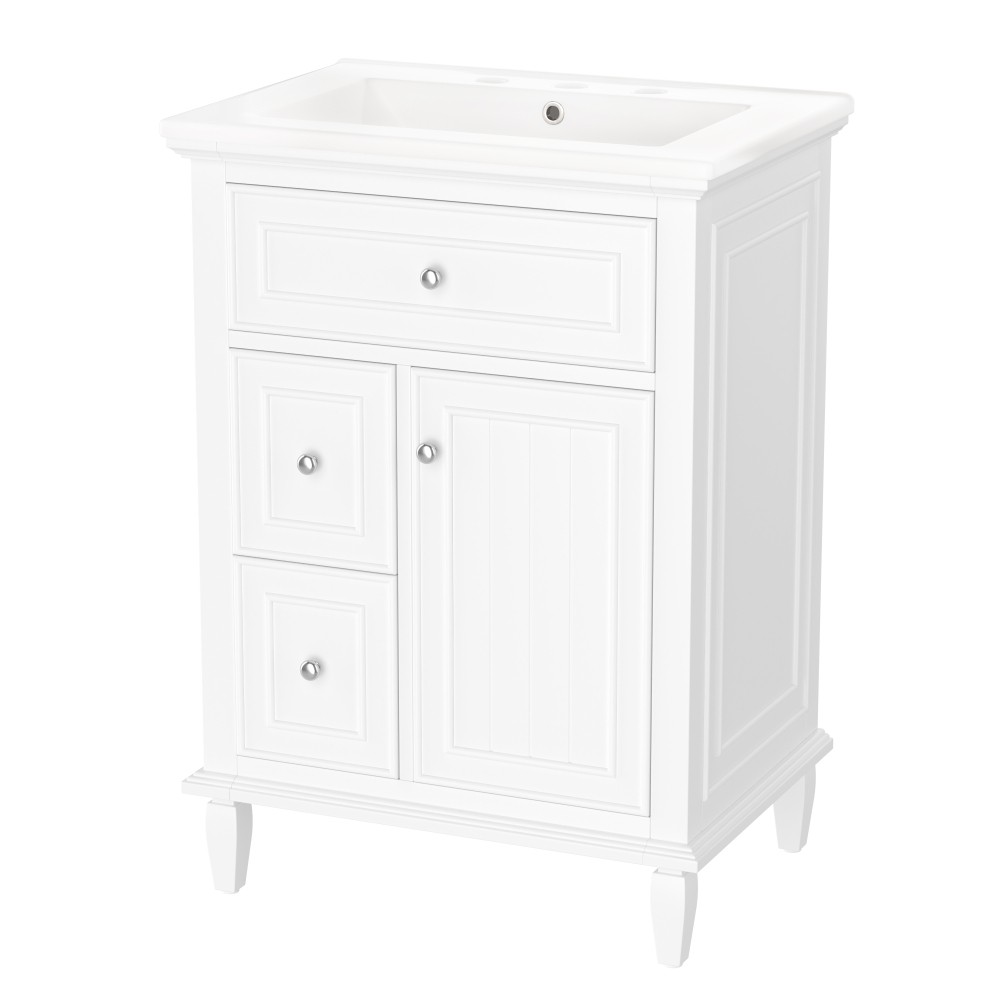 24 Inch White Bathroom Vanity with Ceramic Sink Solid Wood MDF Cabinet