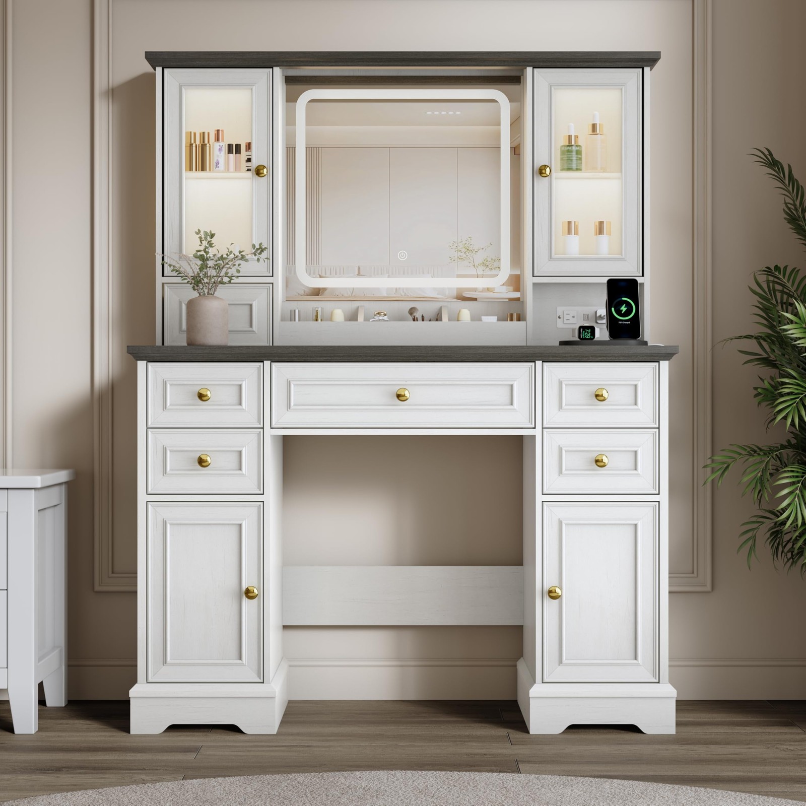 Farmhouse Vanity Desk with Mirror Lights Power Outlet USB 6 Drawers 4 Cabinets