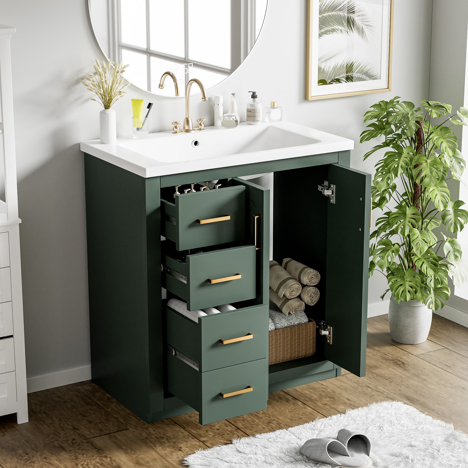 30″ Bathroom Vanity w/Ceramic Sink, 3 Drawers, Freestanding Bath Vanity Cabinet