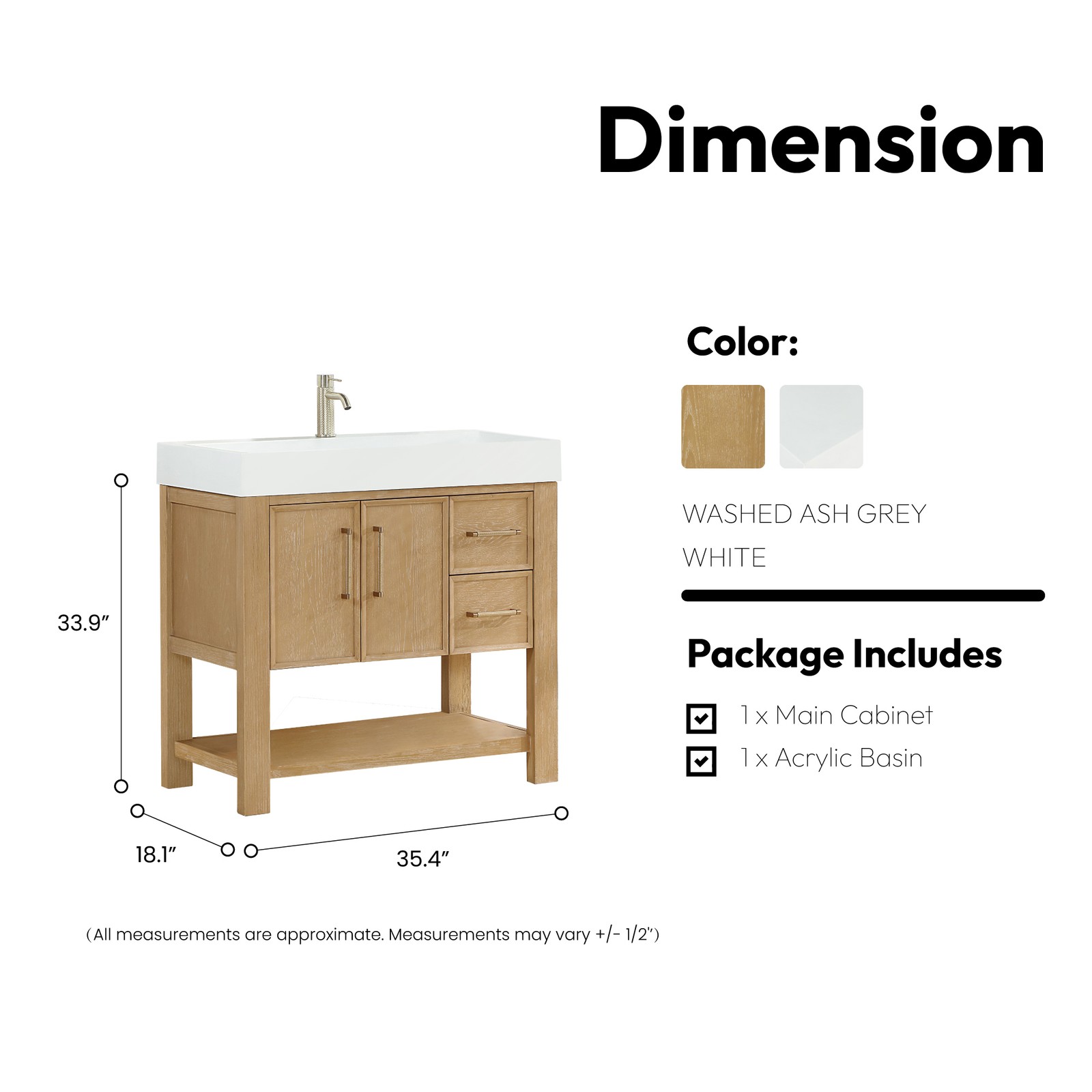 Vera 36″ Single Bath Vanity in Washed Ash Grey with White Integrated Stone Sink